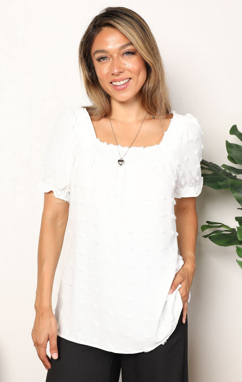 Double Take, Swiss Dot Puff Sleeve Square Neck Blouse