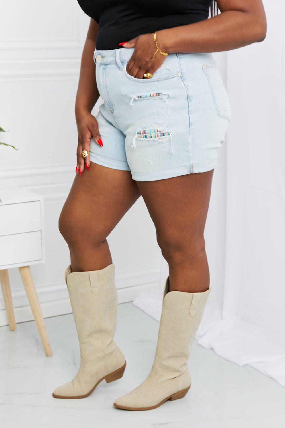 Plus Size, Judy Blue, Women's High-Rise Cuffed Printed Lining Shorts Style 150137