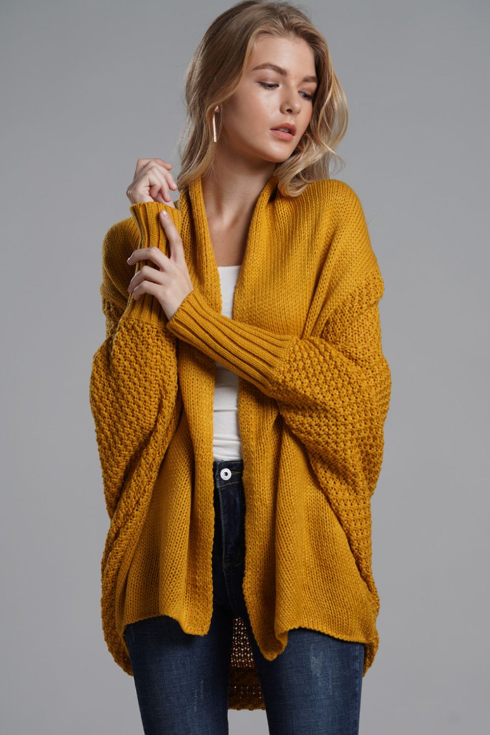 Dolman Sleeve Open Front Ribbed Trim Longline Cardigan In Mustard