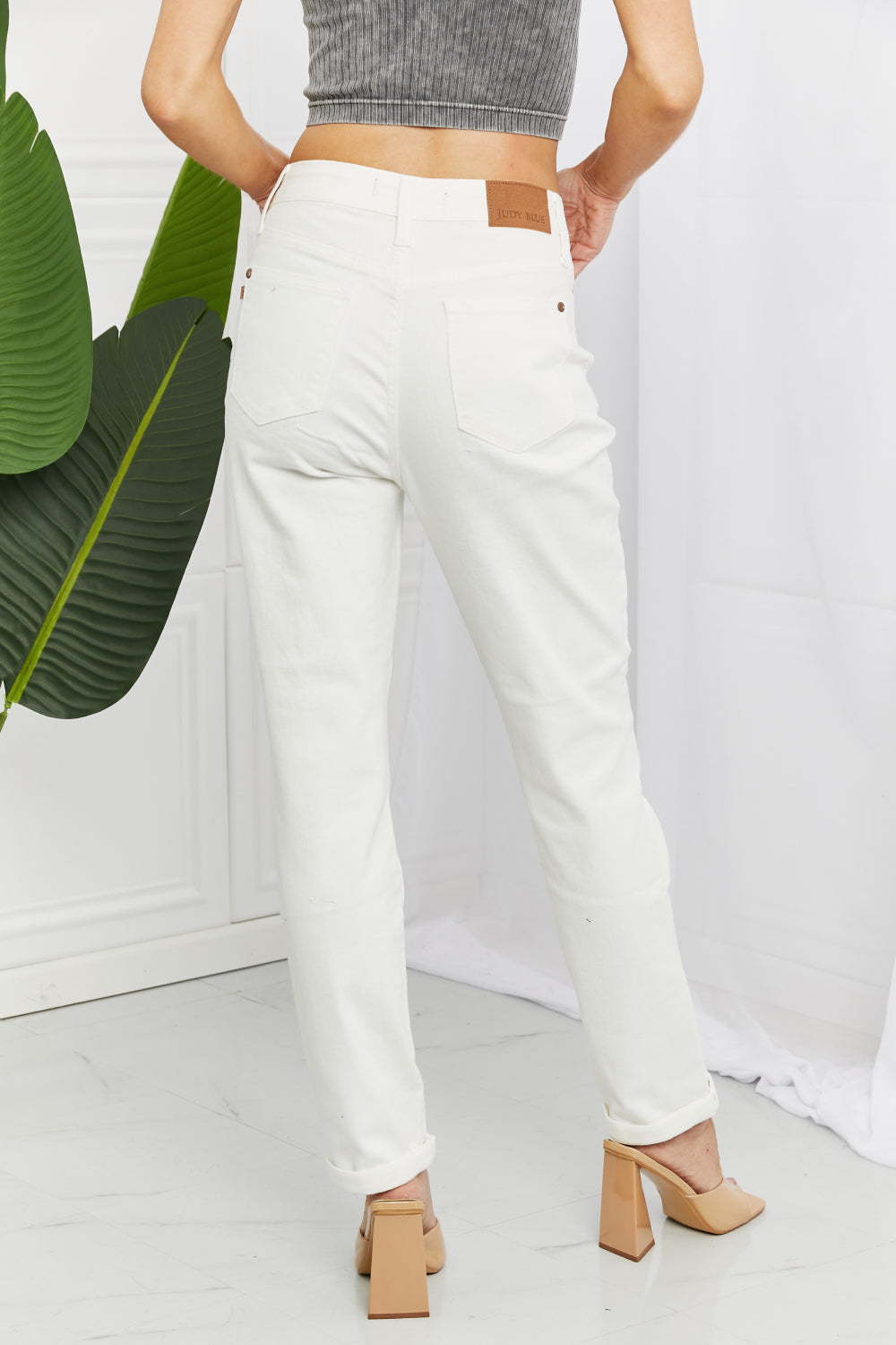Judy Blue Hi-Waist White Double Cuff Boyfriend Jeans