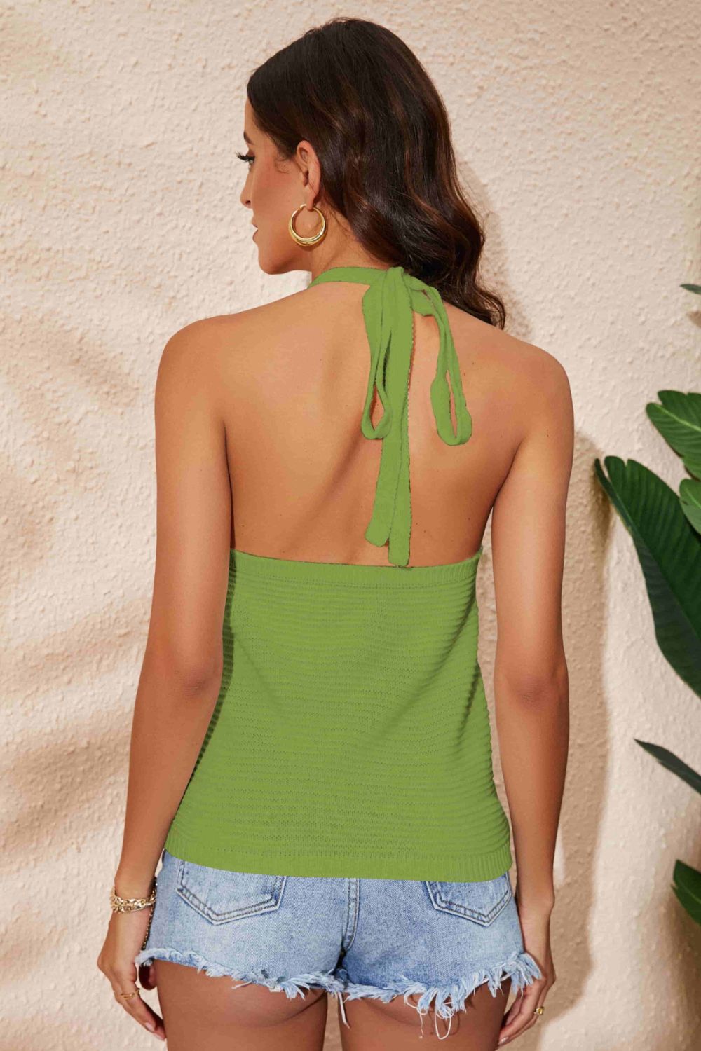 Back View, Rainbow Stripe Halter Neck Knit Tank In Green