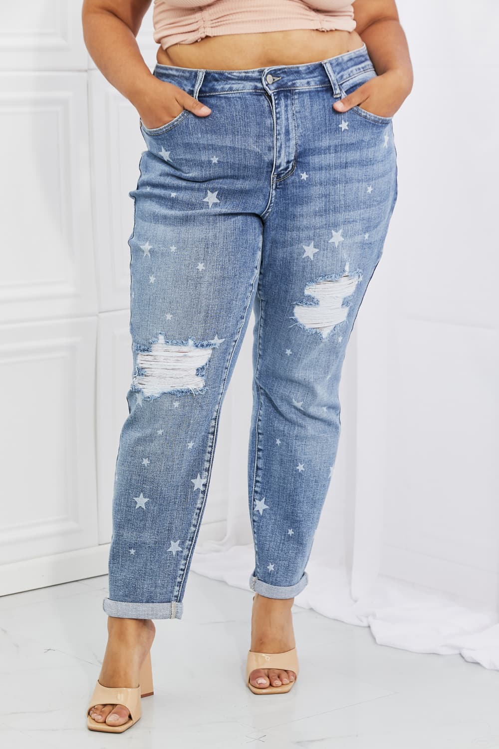 Plus Size, Judy Blue Mid Rise Star Crossed Destroyed Cuffed Boyfriend Style 88553