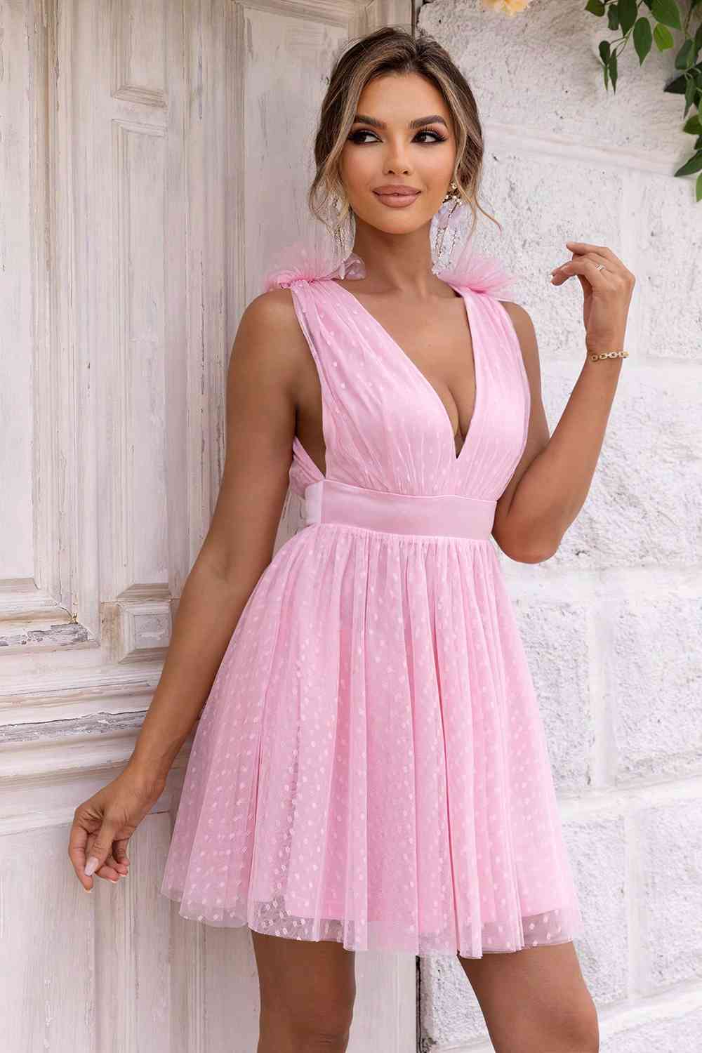 Open Back Sleeveless Black Mesh Dress In Carnation Pink