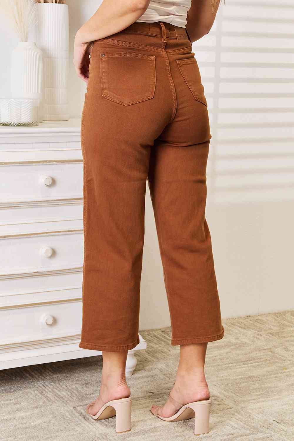 Back View, Judy Blue, High Waist Tummy Control Garment Dyed Wide Crop Jeans