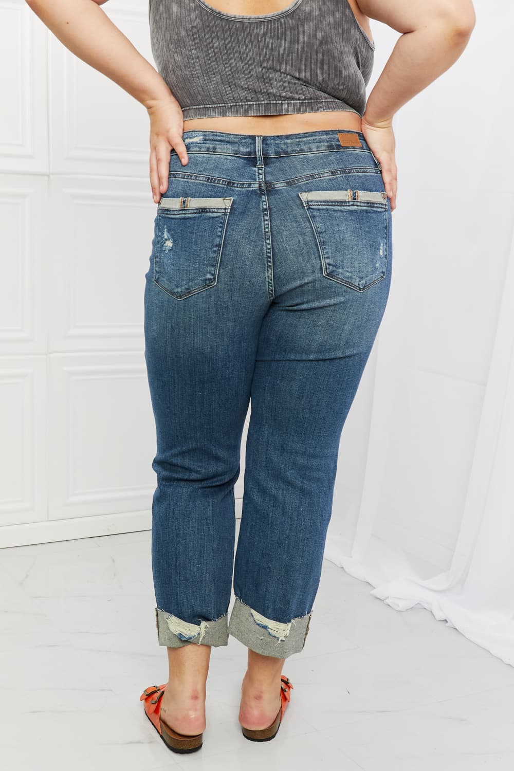 Back View, Plus Size, Judy Blue, Mid-Rise Destroyed Single Cuff Dad Straight Leg Pants