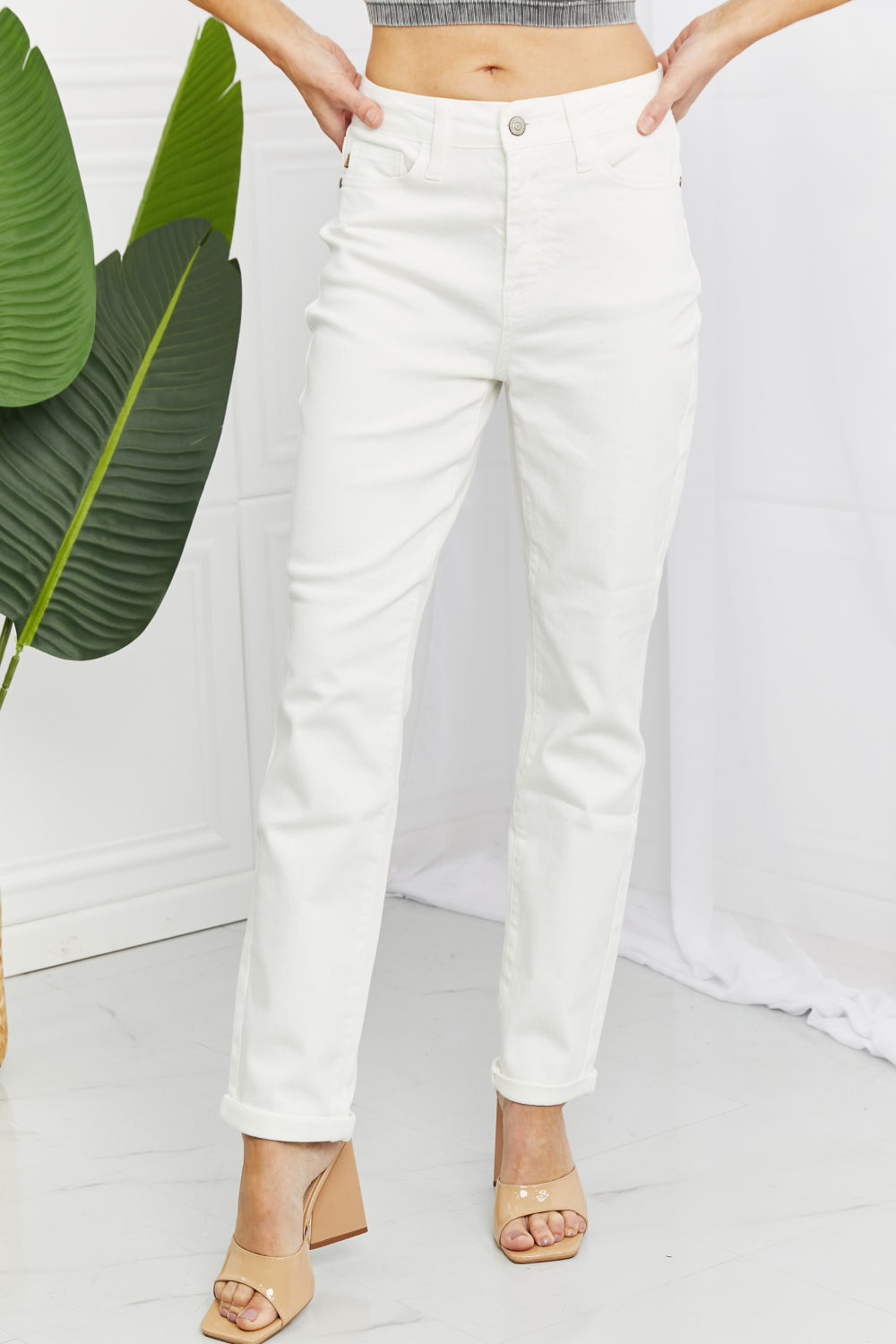 Judy Blue Hi-Waist White Double Cuff Boyfriend Jeans