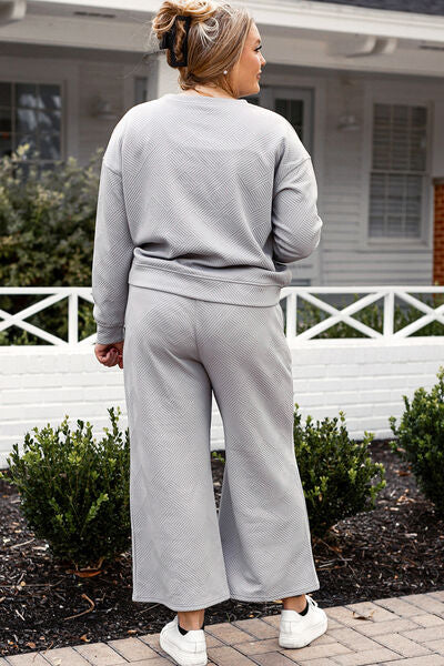 Back View, Plus Size, Double Take, Textured Long Sleeve Top and Drawstring Pants Set In Light Gray