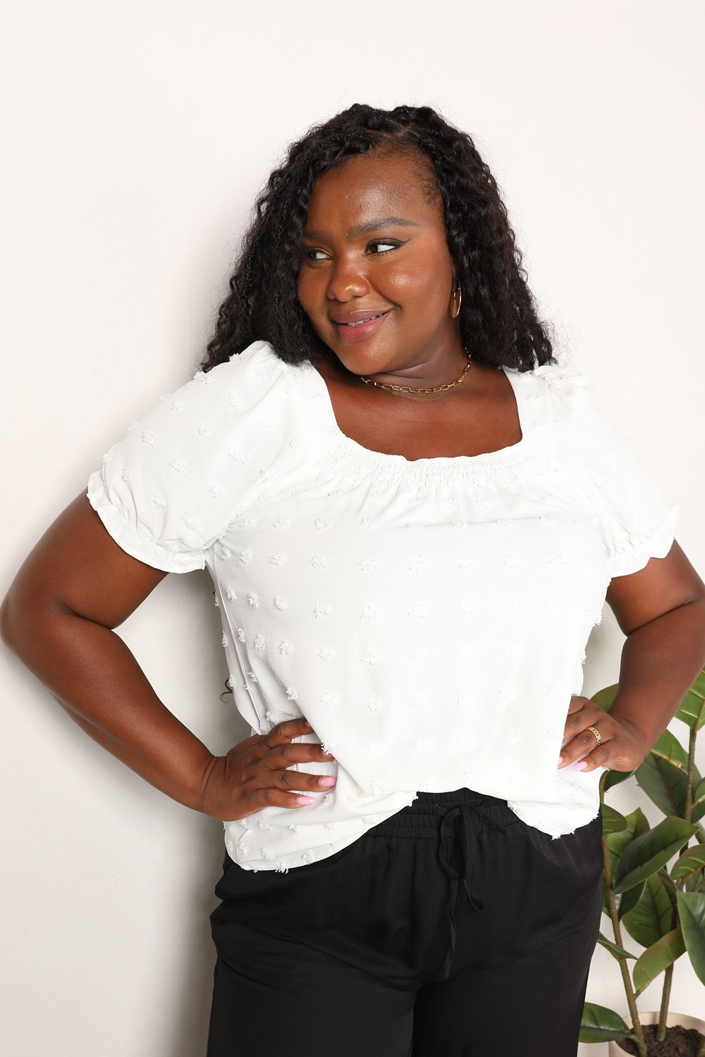 Plus Size, Double Take, Swiss Dot Puff Sleeve Square Neck Blouse