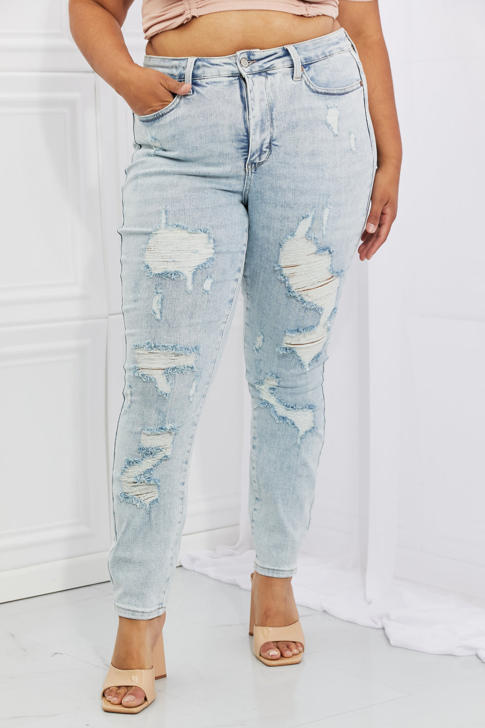 Plus Size, Judy Blue, High Rise Destroyed Tummy Control Skinny Jeans Style 88431
