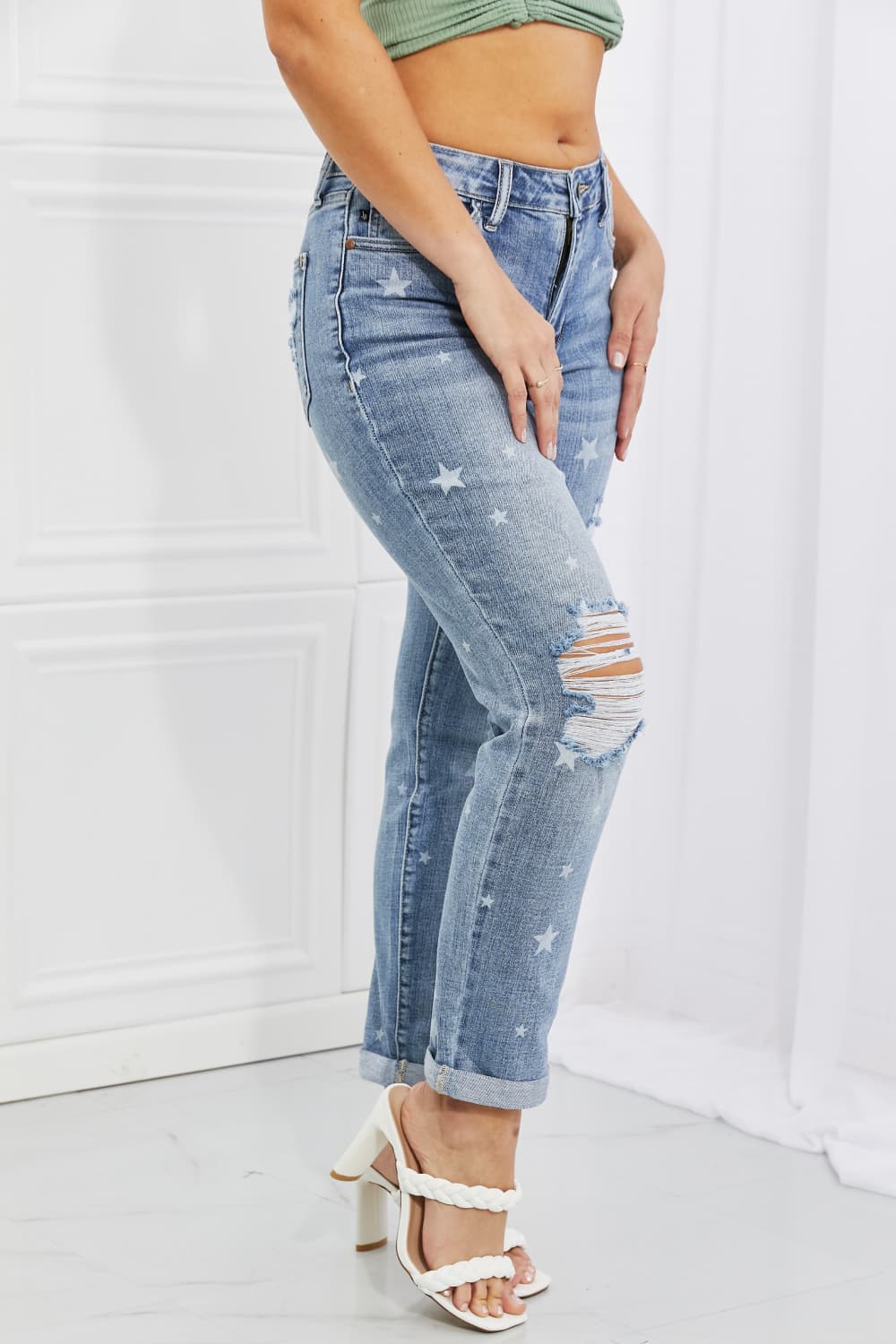 Side View, Judy Blue Mid Rise Star Crossed Destroyed Cuffed Boyfriend Style 88553