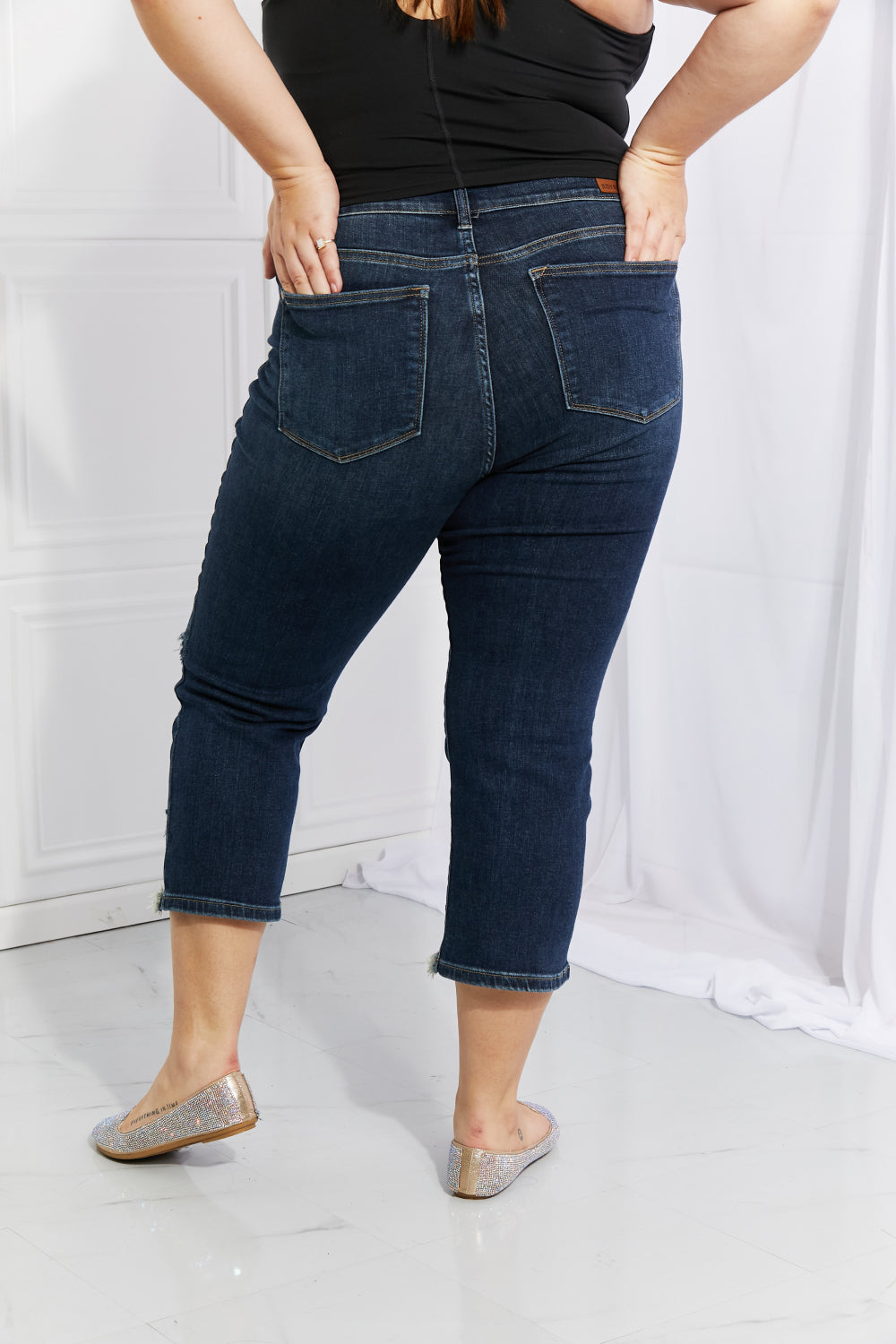 Back View, Plus Size, Judy Blue, Mid Rise Destroyed Hem Cropped/Capri Straight Leg Pants, 82145