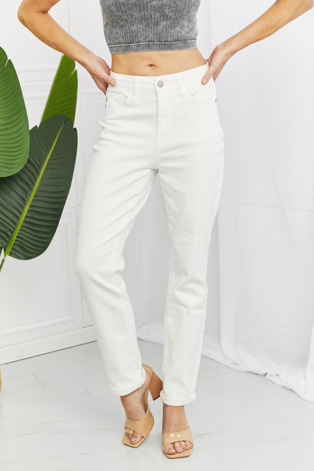 Judy Blue Hi-Waist White Double Cuff Boyfriend Jeans