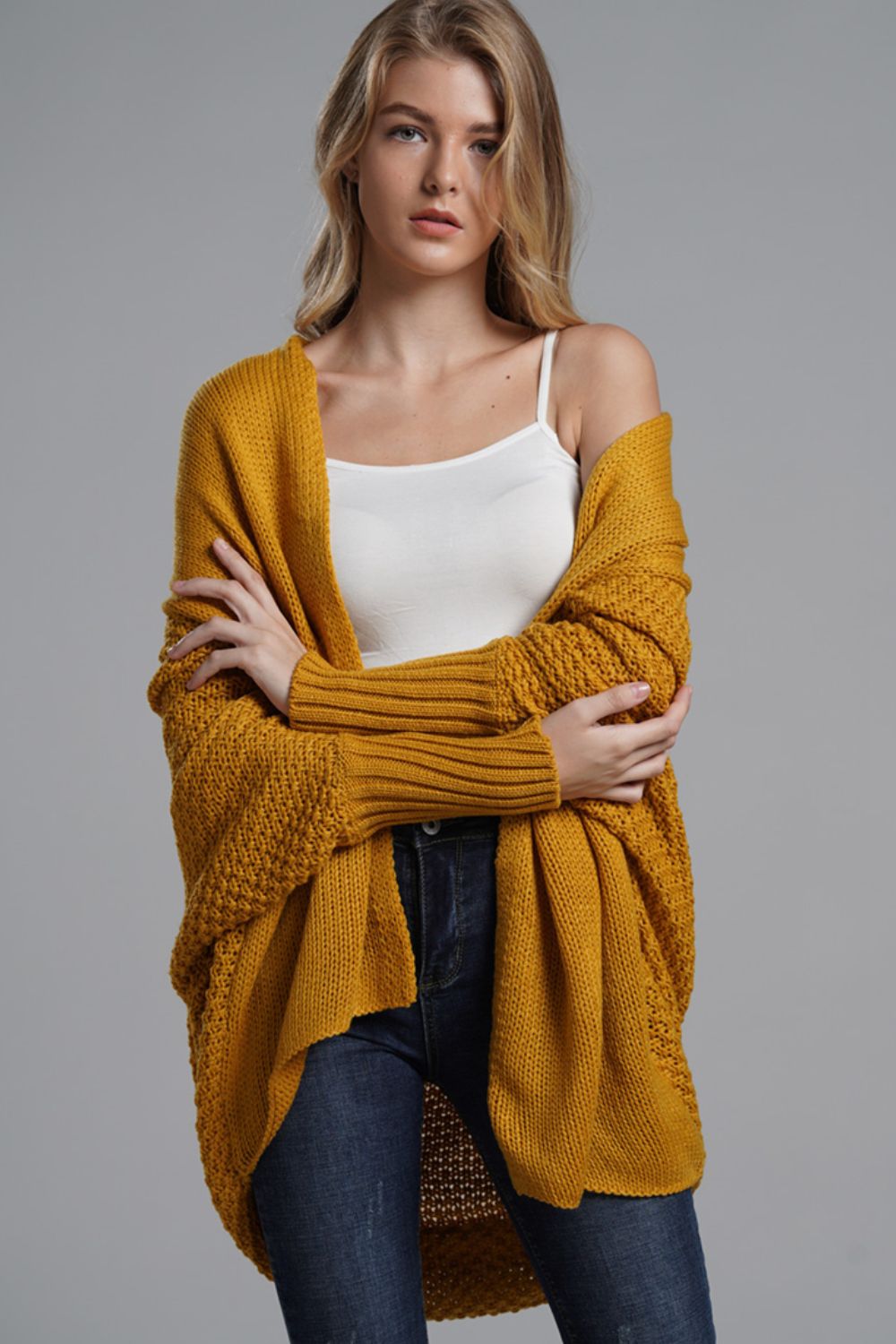 Dolman Sleeve Open Front Ribbed Trim Longline Cardigan In Mustard
