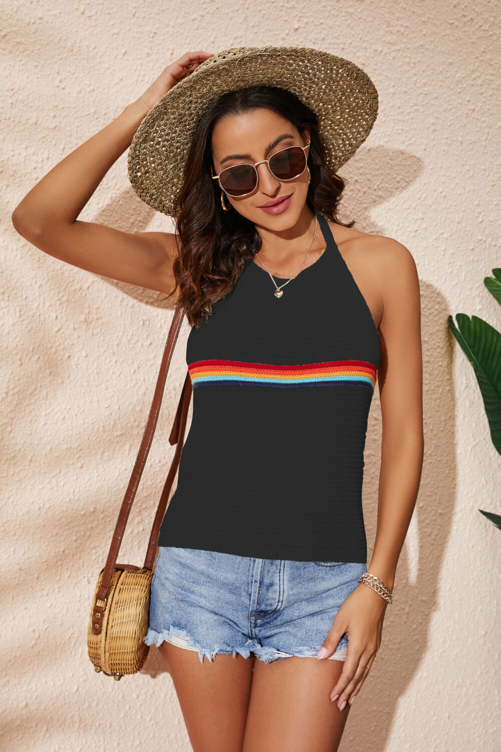 Rainbow Stripe Halter Neck Knit Tank In Black