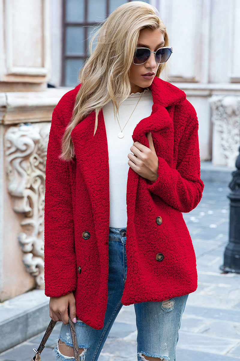 Lapel Collar Sherpa Coat In Deep Red