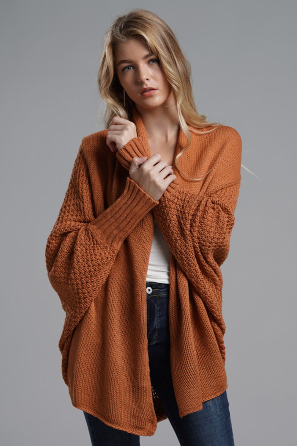 Dolman Sleeve Open Front Ribbed Trim Longline Cardigan In Mustard