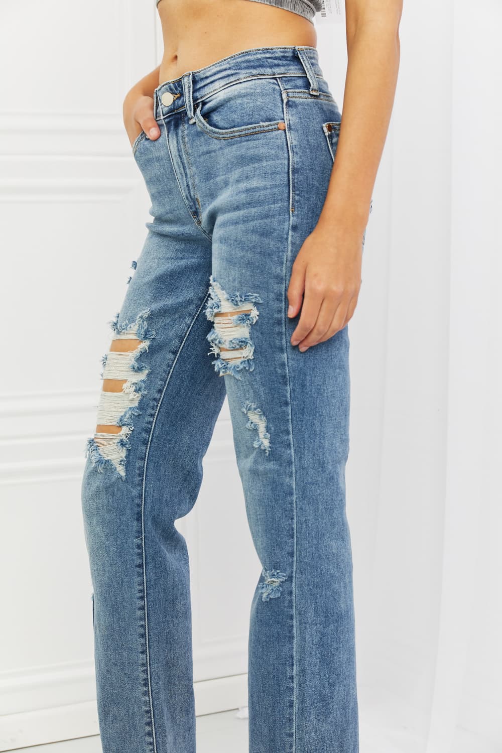 Side View, Judy Blue, Mid-Rise Heavy Destroy Straight Jeans