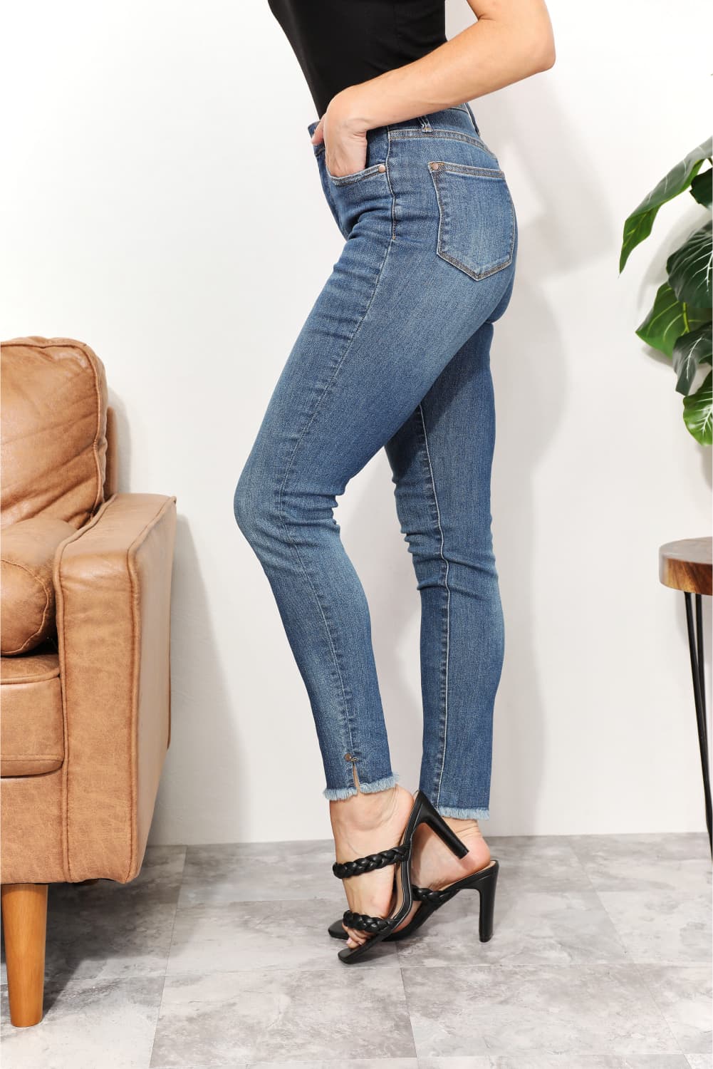 Side VIew, Judy Blue, High Waist Tummy Control Side Slit & Fray Hem Skinny Style 88682