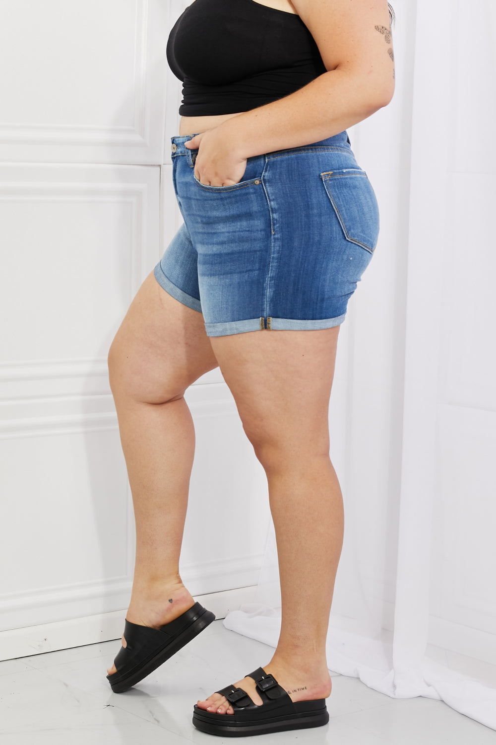 Side View, Plus Size, Kancan, High Rise Hem Detail Denim Shorts - KC7326