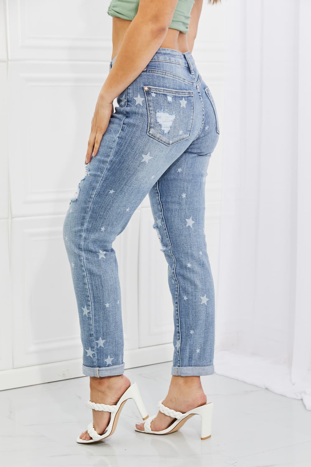 Side View, Judy Blue Mid Rise Star Crossed Destroyed Cuffed Boyfriend Style 88553