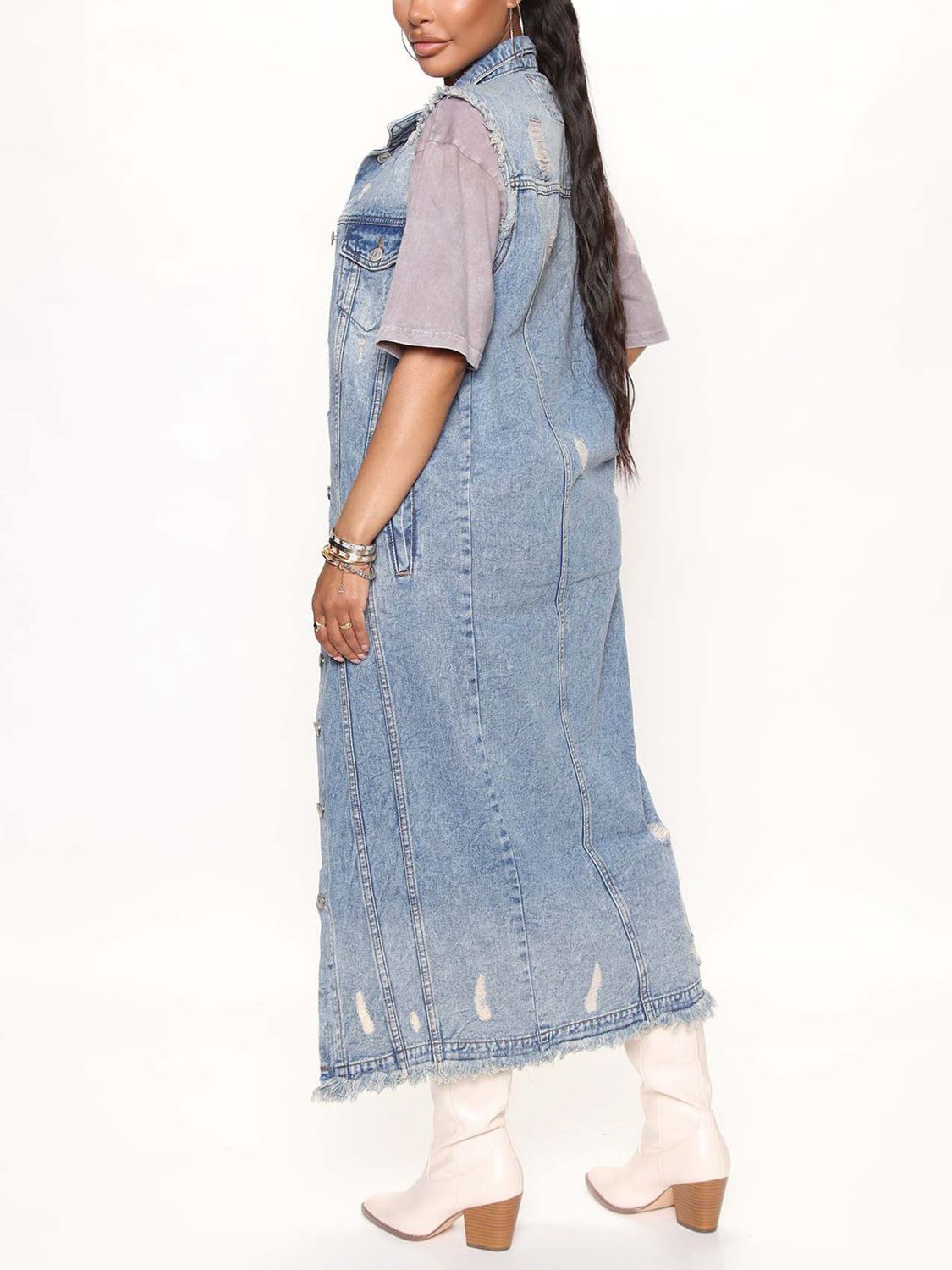 Side View, Long Sleeveless Denim Jacket