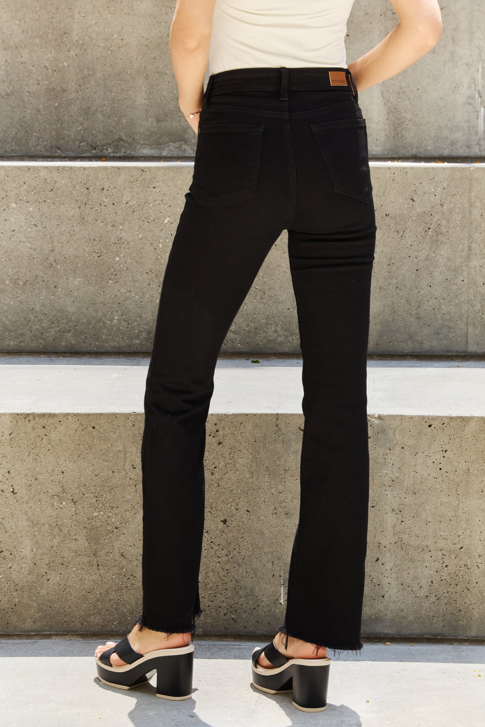 Back View, Judy Blue High-Waist Button Fly Raw Hem Bootcut Jeans (Style 82570)