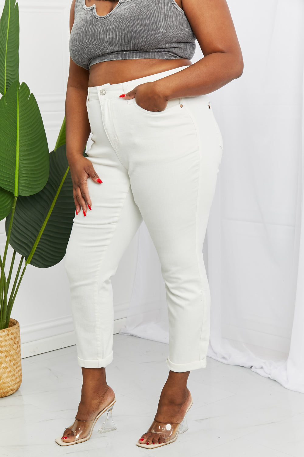 Judy Blue Hi-Waist White Double Cuff Boyfriend Jeans
