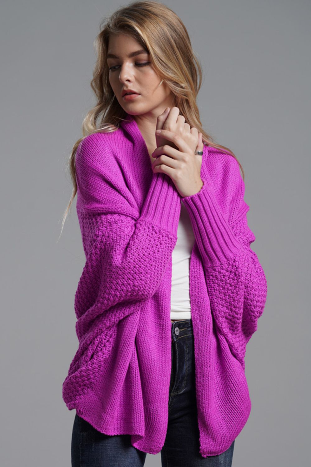 Dolman Sleeve Open Front Ribbed Trim Longline Cardigan In Fushia