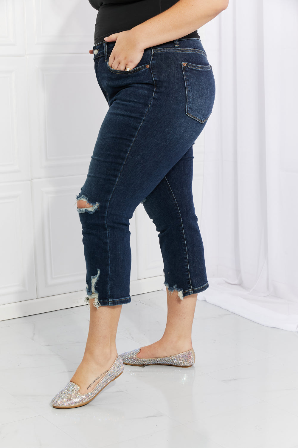 Side View, Plus Size, Judy Blue, Mid Rise Destroyed Hem Cropped/Capri Straight Leg Pants, 82145