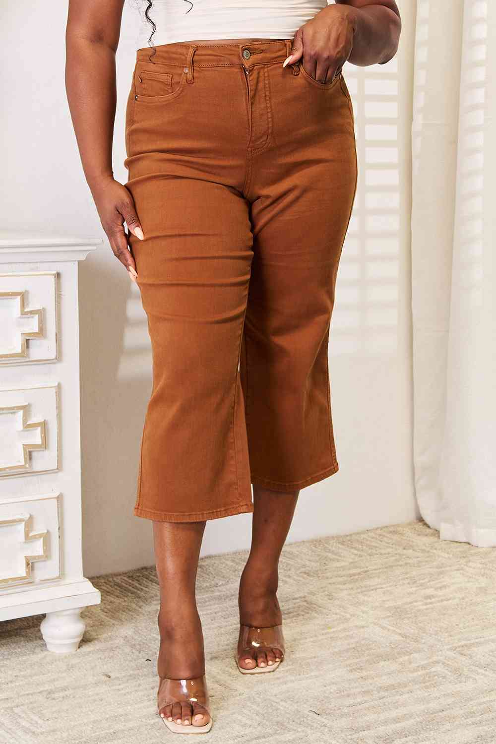 Plus Size, Judy Blue, High Waist Tummy Control Garment Dyed Wide Crop Jeans