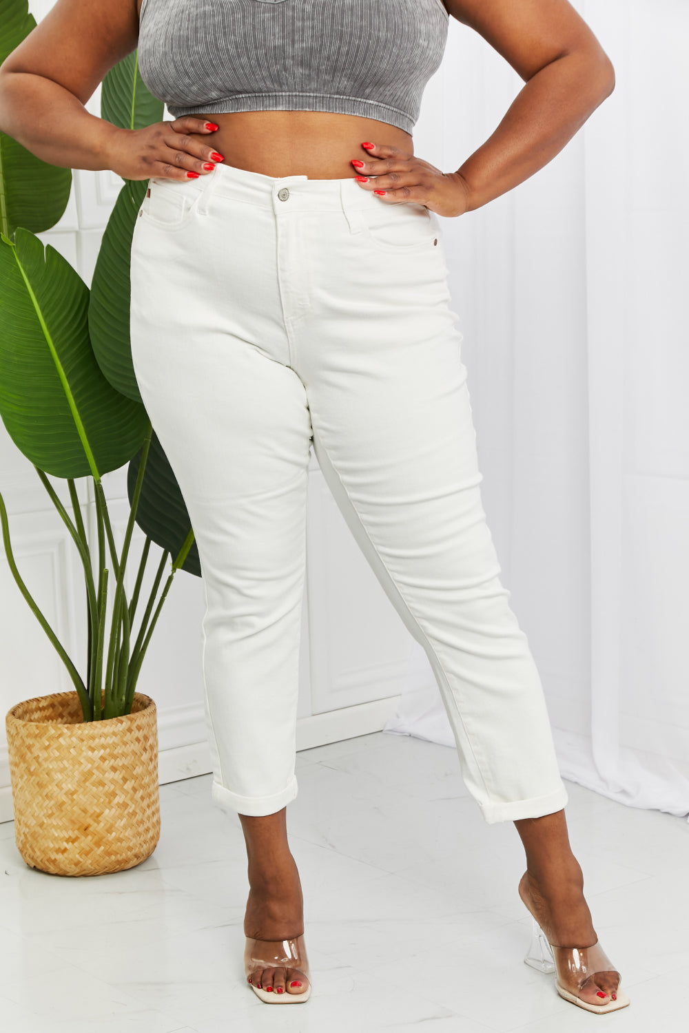 Judy Blue Hi-Waist White Double Cuff Boyfriend Jeans
