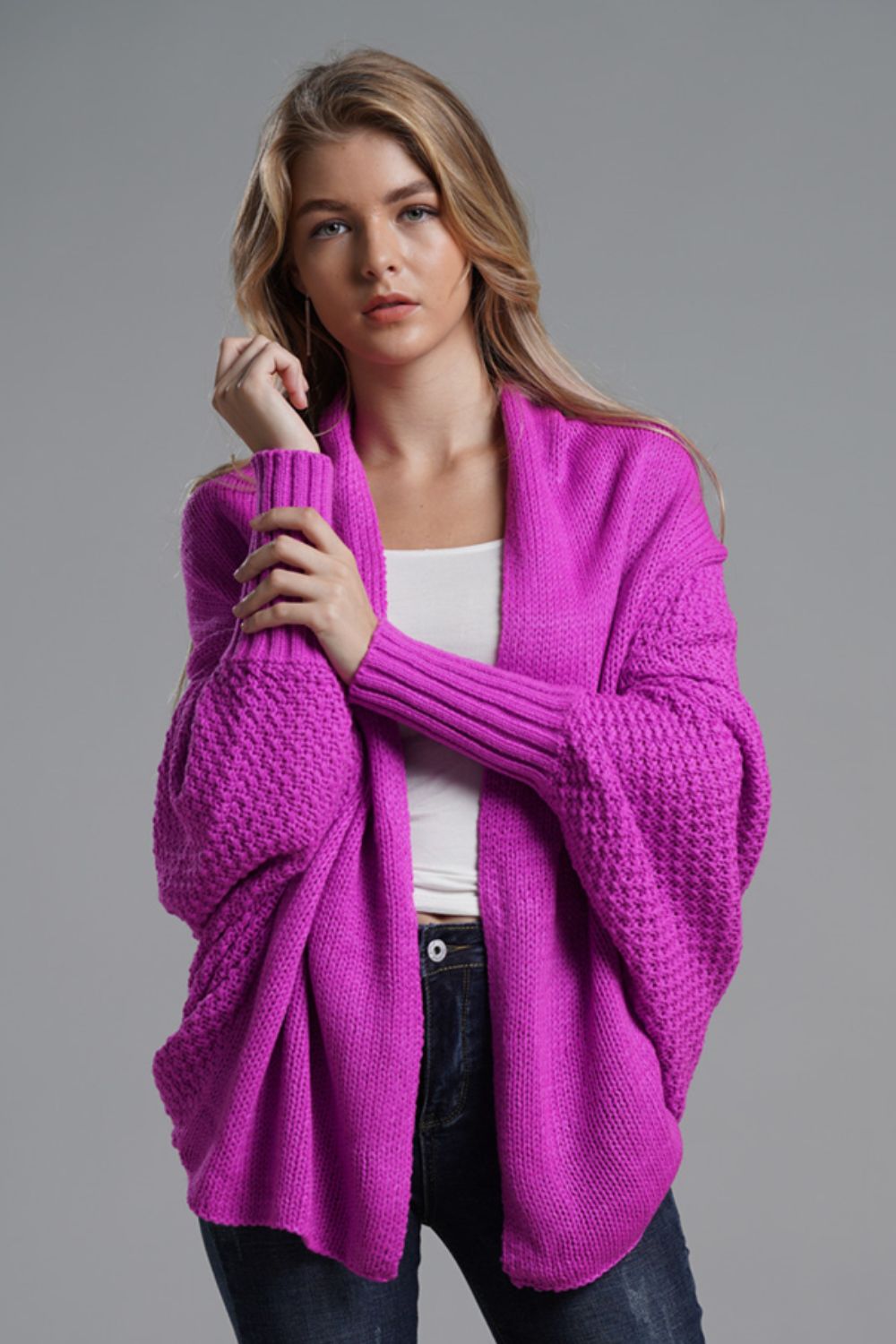 Dolman Sleeve Open Front Ribbed Trim Longline Cardigan In Fushia