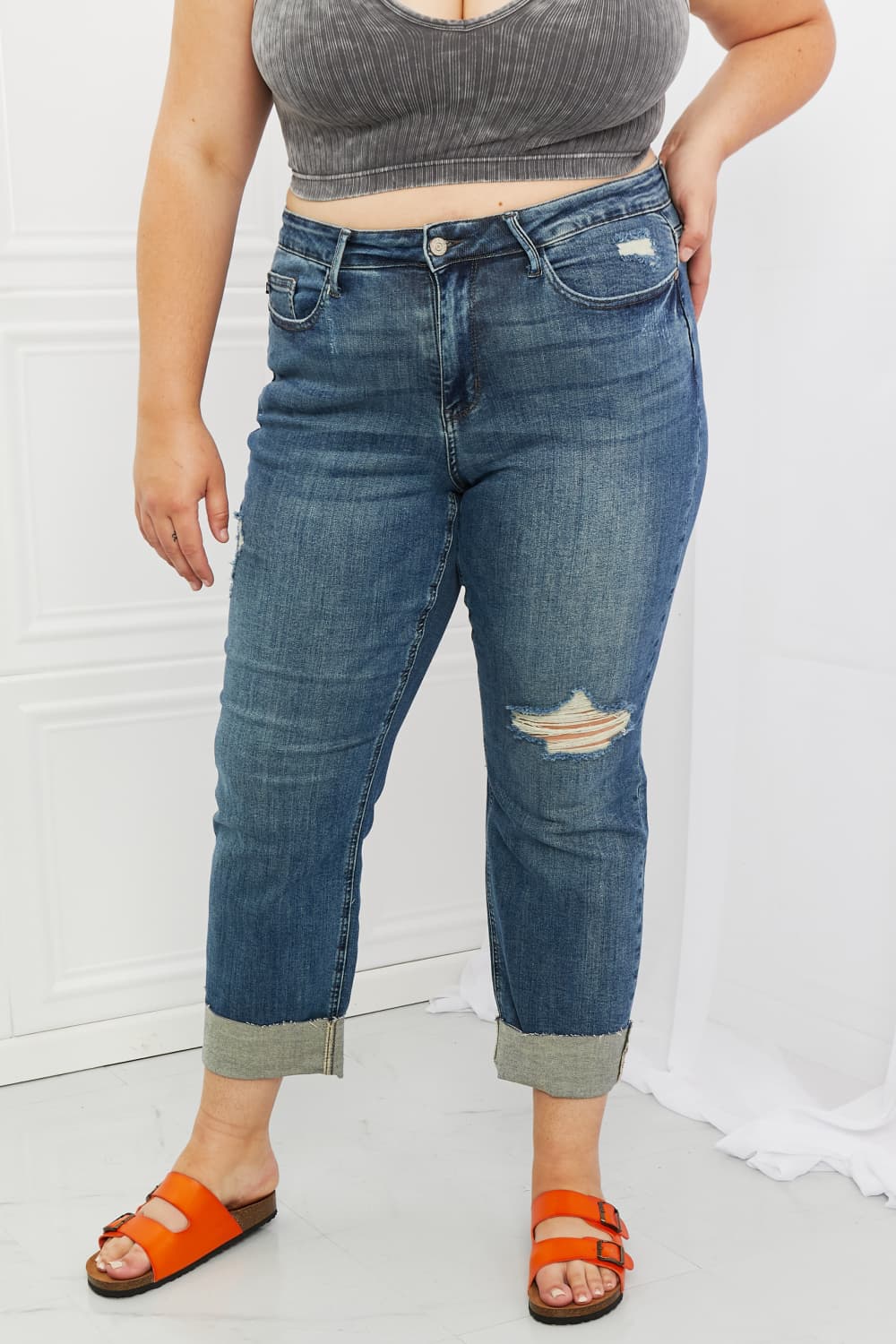 Plus Size, Judy Blue, Mid-Rise Destroyed Single Cuff Dad Straight Leg Pants