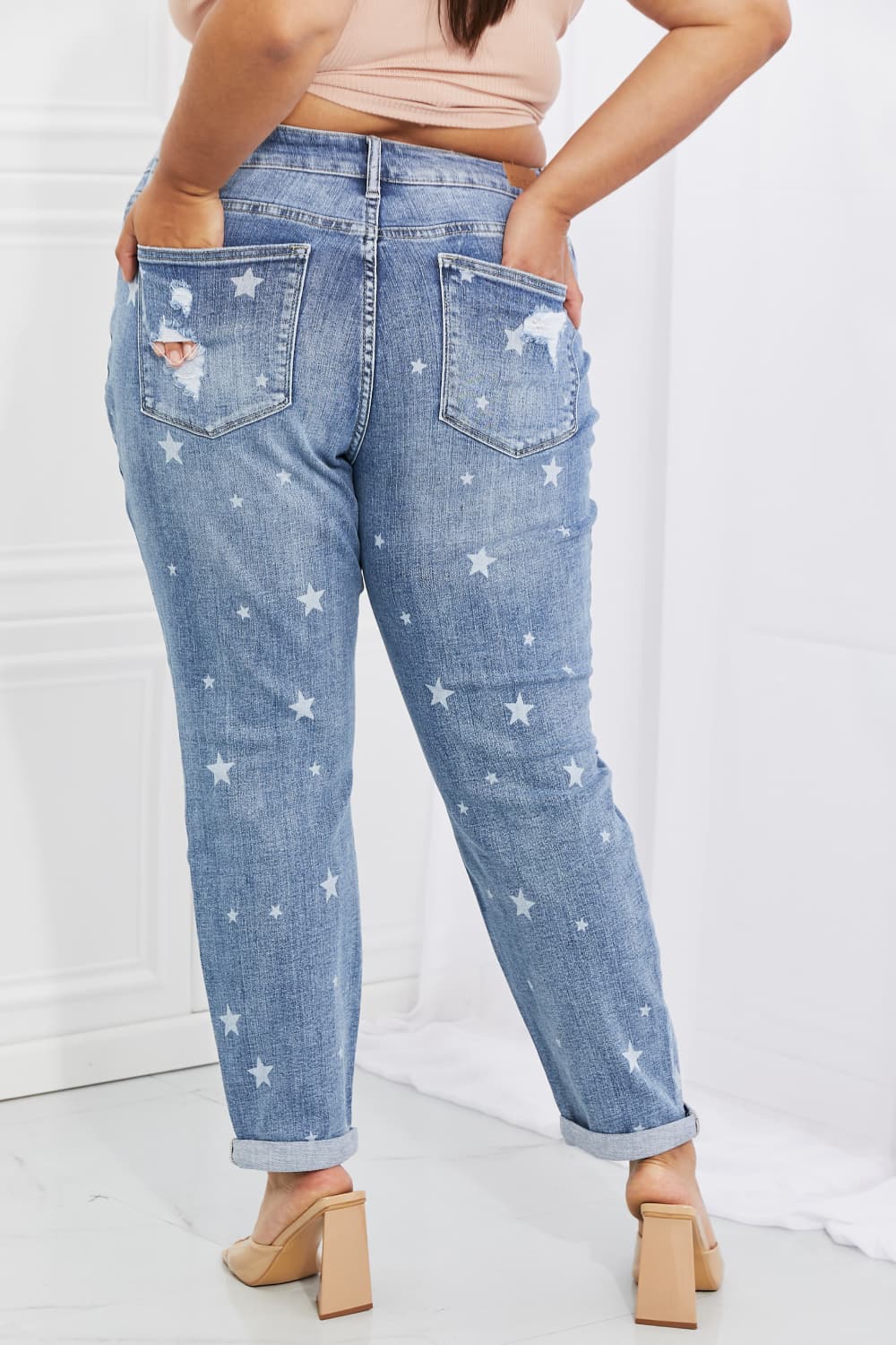 Back View, Plus Size, Judy Blue Mid Rise Star Crossed Destroyed Cuffed Boyfriend Style 88553