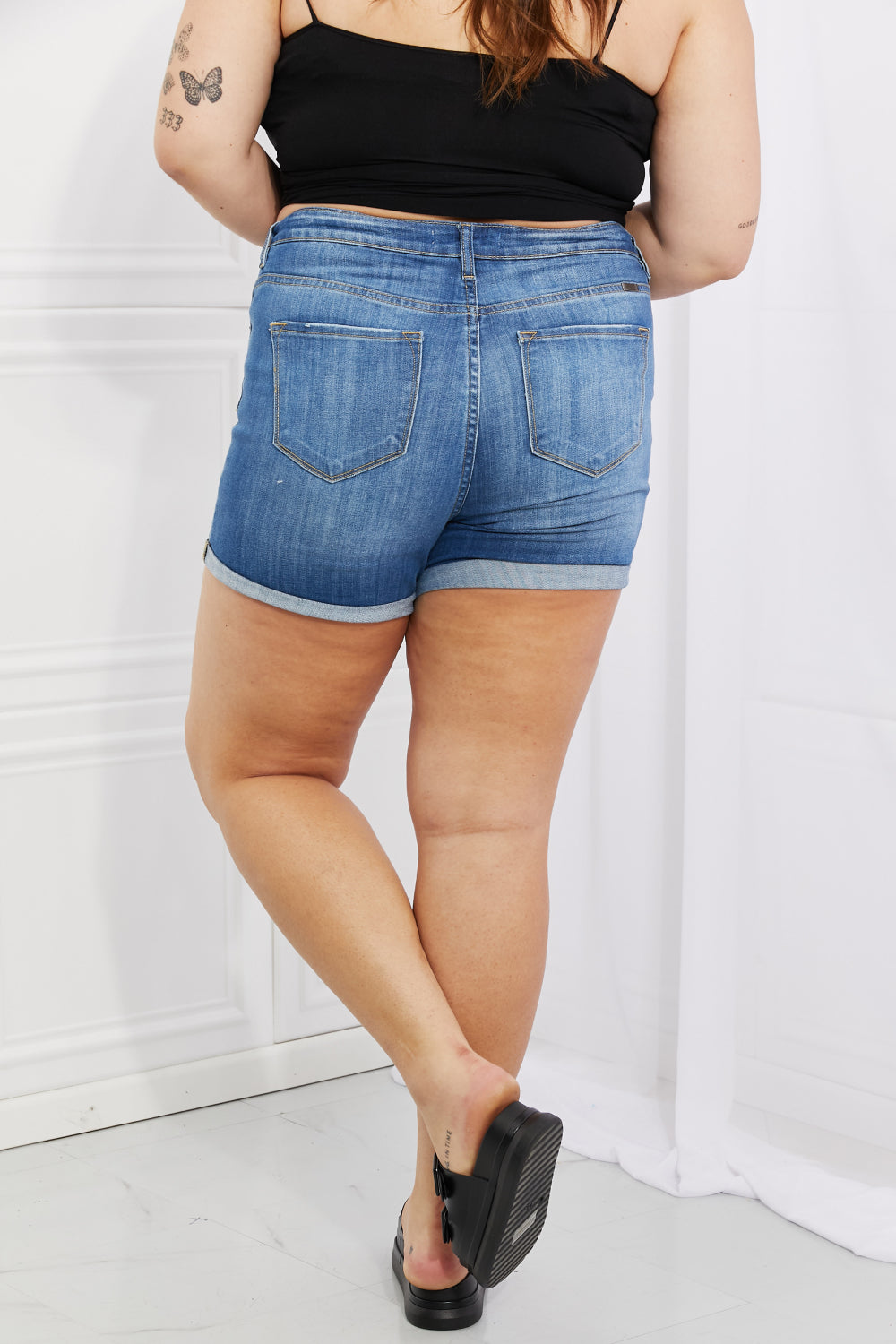 Back View, Plus Size, Kancan, High Rise Hem Detail Denim Shorts - KC7326