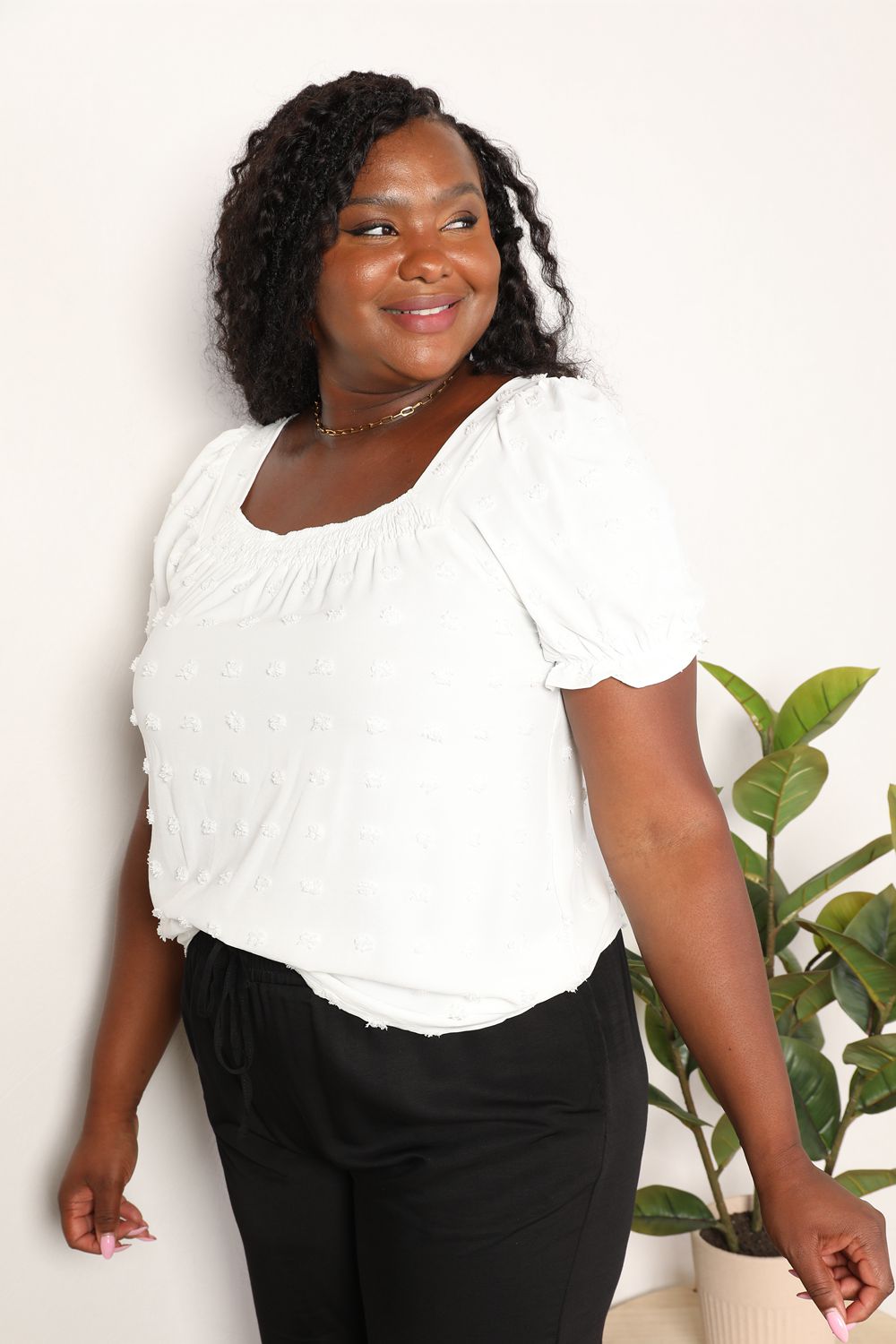 Side View, Plus Size, Double Take, Swiss Dot Puff Sleeve Square Neck Blouse