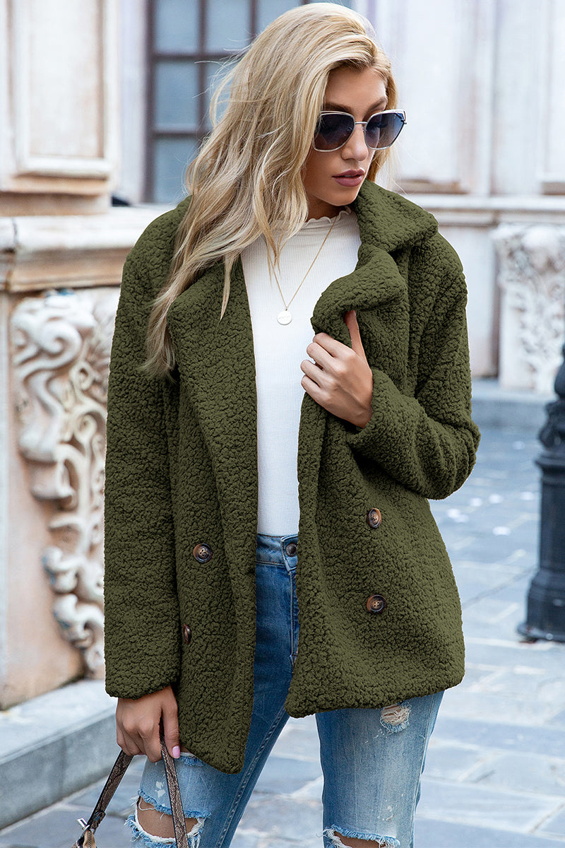Lapel Collar Sherpa Coat In Army Green