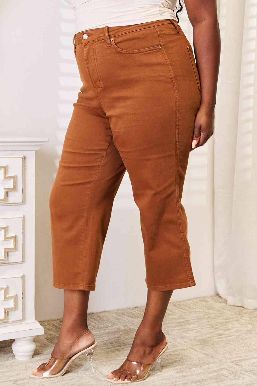 Side View, Plus Size, Judy Blue, High Waist Tummy Control Garment Dyed Wide Crop Jeans