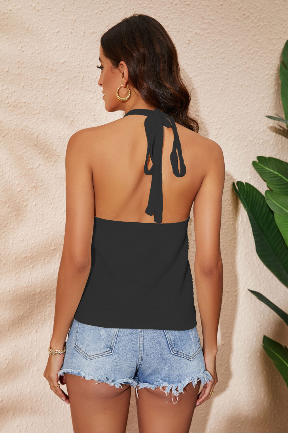 Back View, Rainbow Stripe Halter Neck Knit Tank In Black