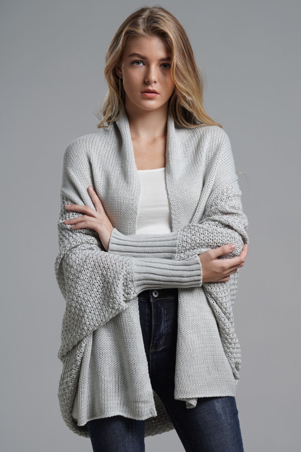 Dolman Sleeve Open Front Ribbed Trim Longline Cardigan In Gray