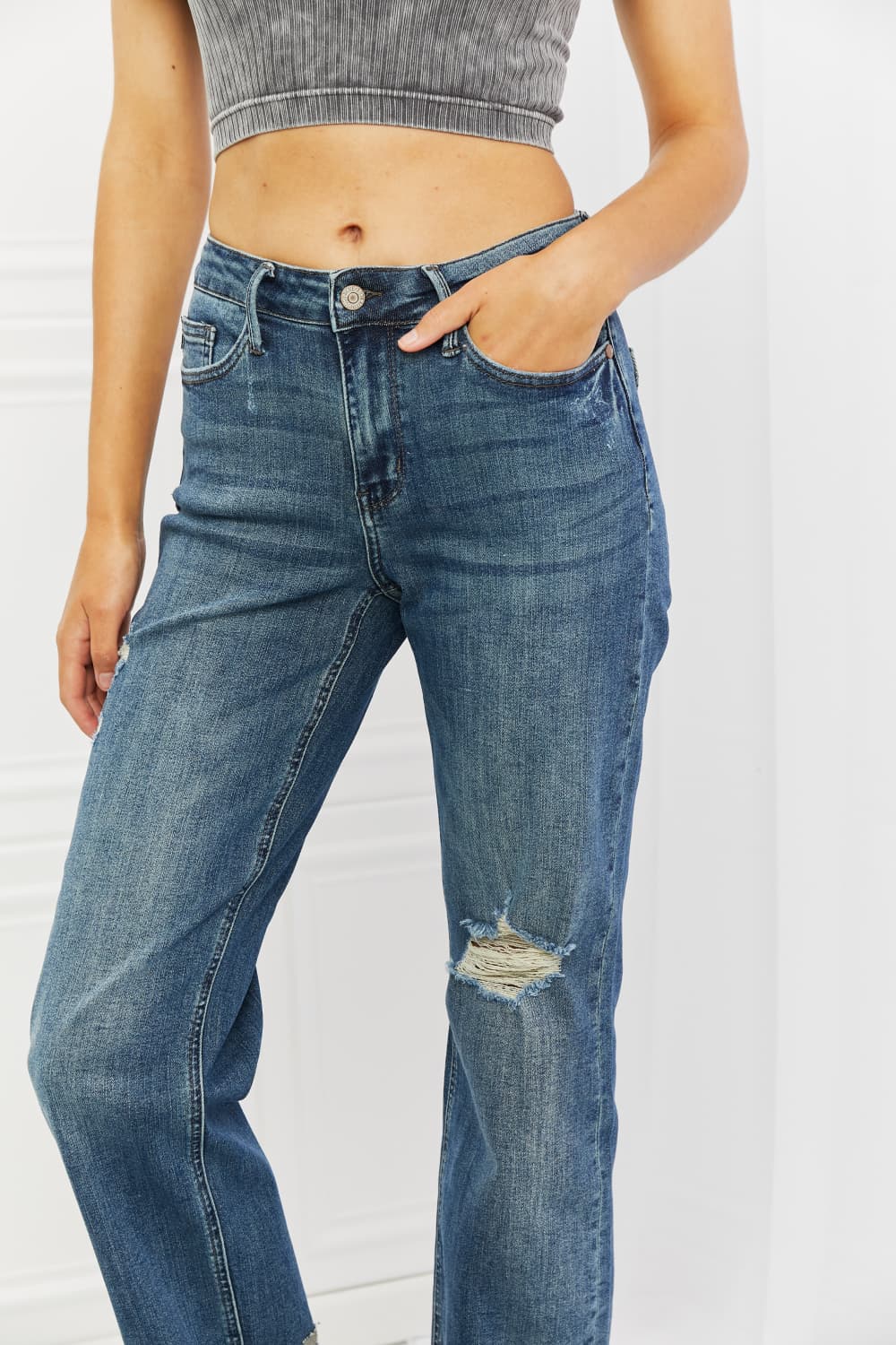 Close-Up, Judy Blue, Mid-Rise Destroyed Single Cuff Dad Straight Leg Pants