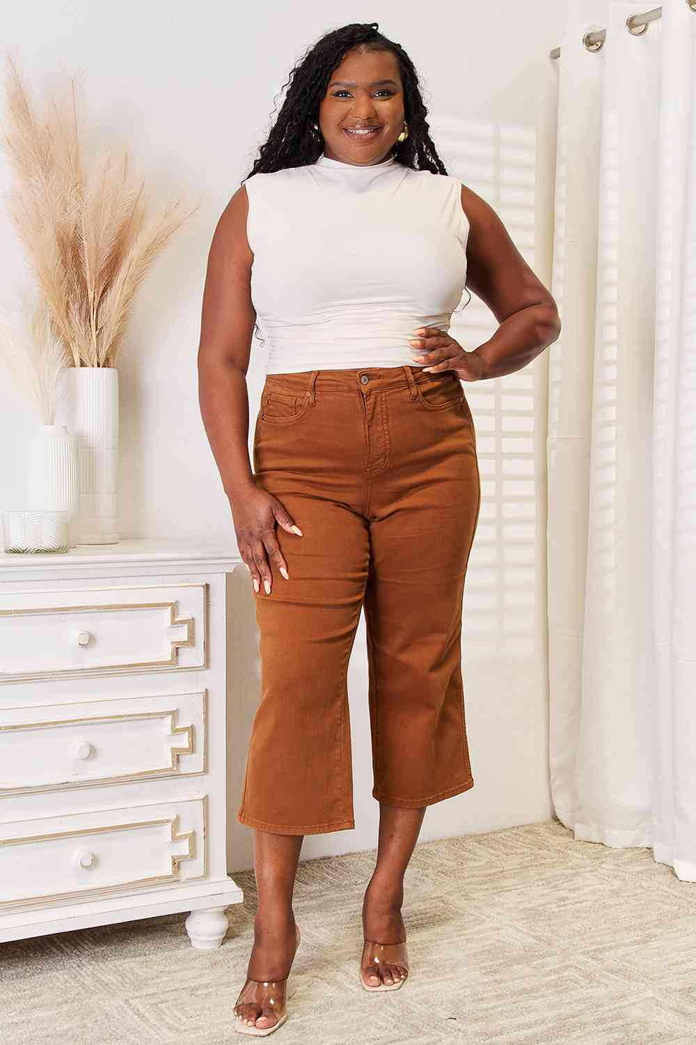 Plus Size, Judy Blue, High Waist Tummy Control Garment Dyed Wide Crop Jeans