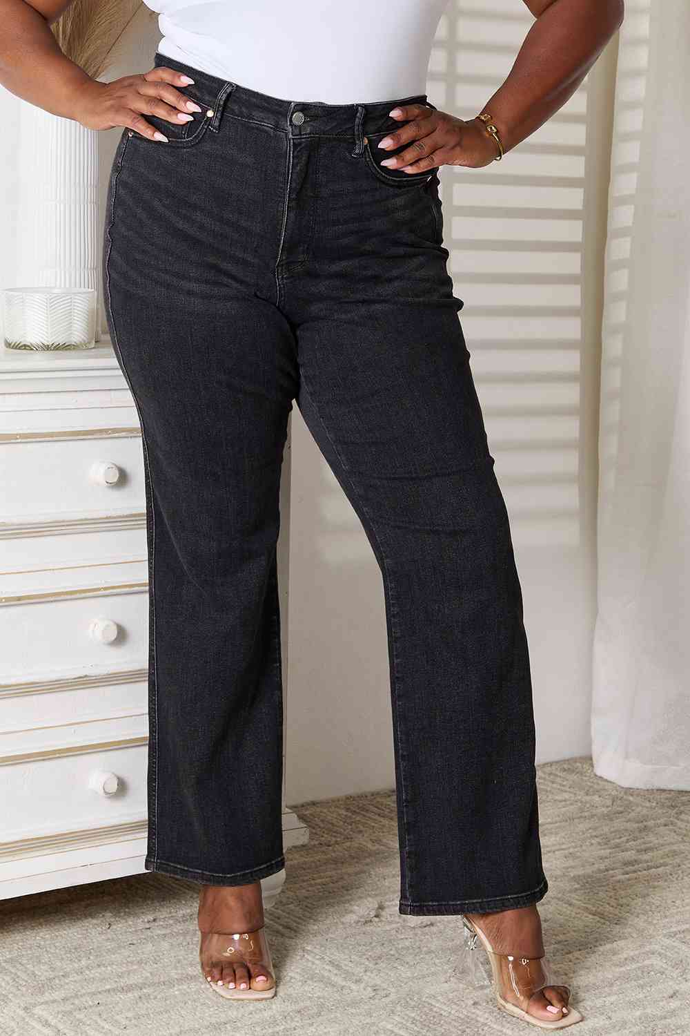 Plus Size, Judy Blue High Waist Tummy Control Washed Black Straight Style 88677