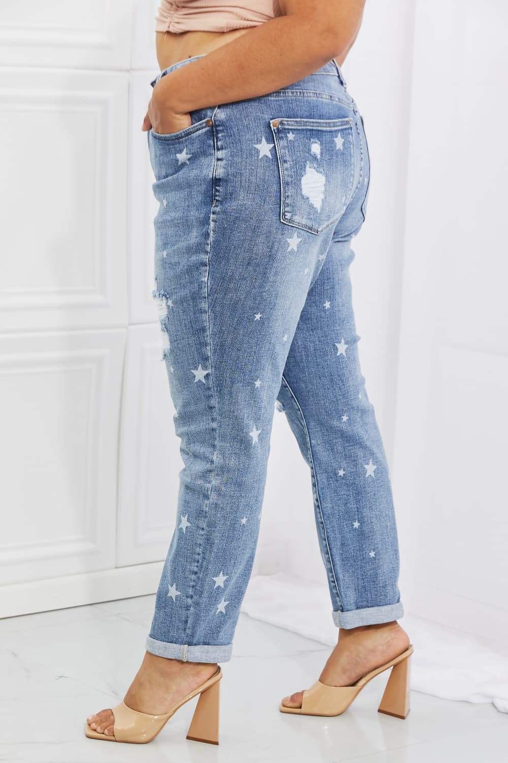 Side View, Plus Size, Judy Blue Mid Rise Star Crossed Destroyed Cuffed Boyfriend Style 88553