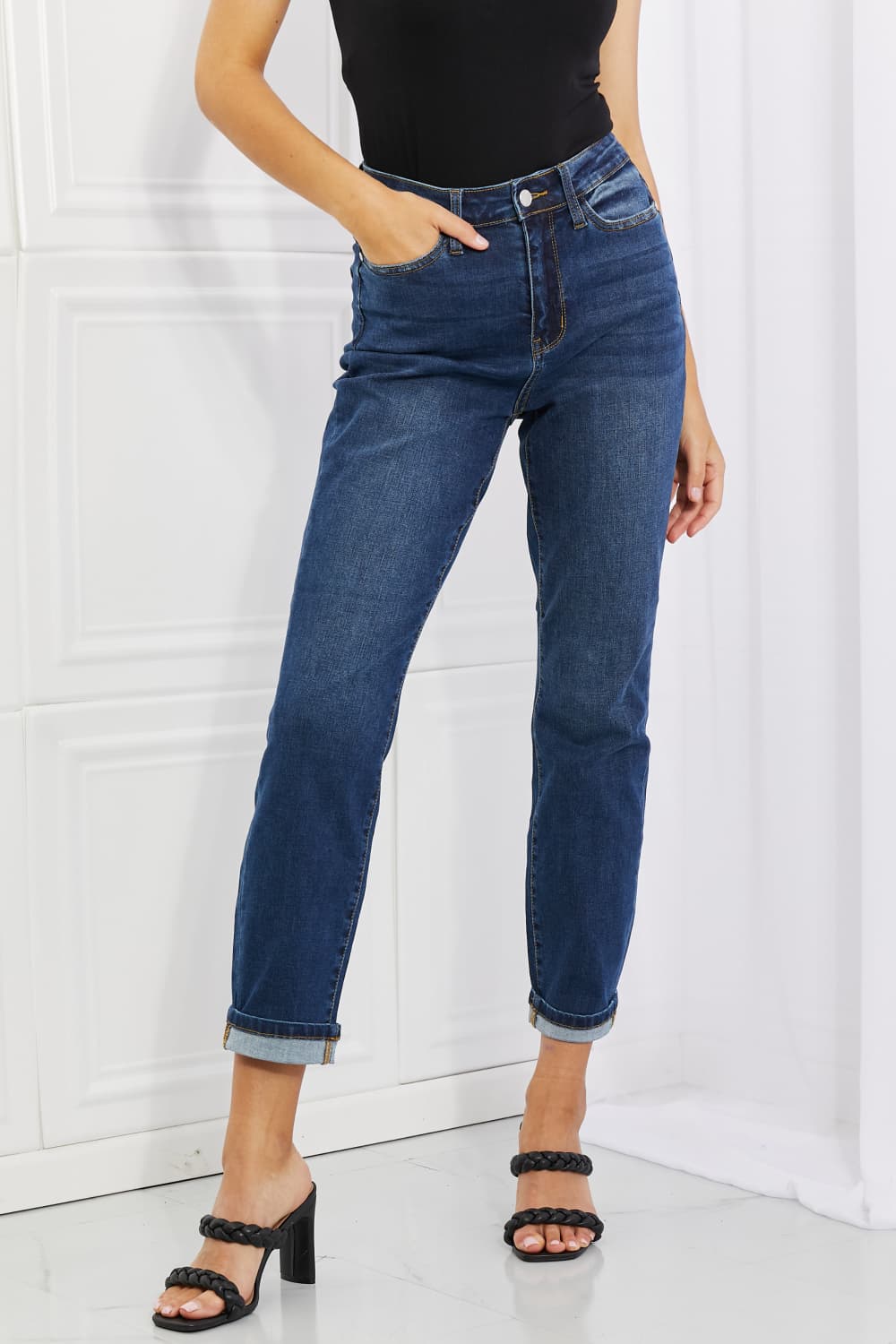 Judy Blue, High-Rise Sustainable Cool Denim Cuffed Boyfriend Jeans Style 88608