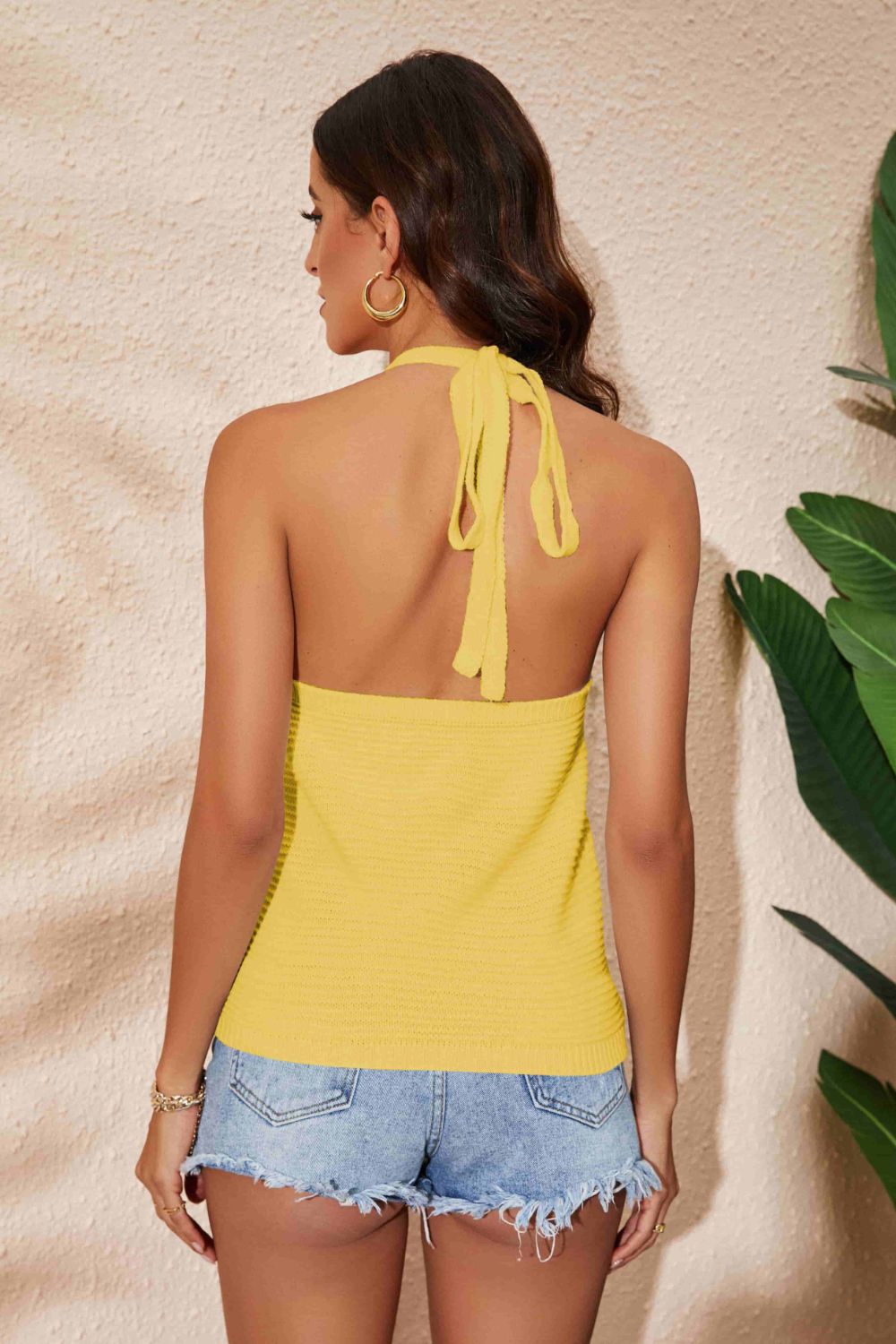 Back View, Rainbow Stripe Halter Neck Knit Tank In Yellow