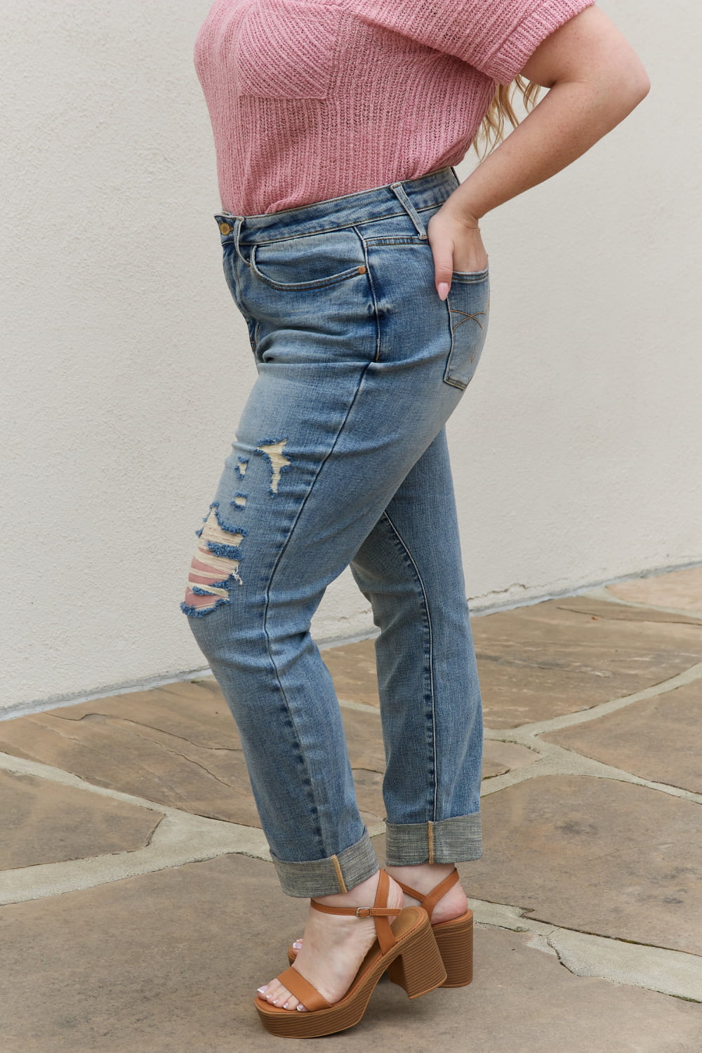 Side View, Plus Size, Judy Blue, Mid-Rise Boyfriend Fit with Destroyed Knee, Cuffed Jeans Style 88605