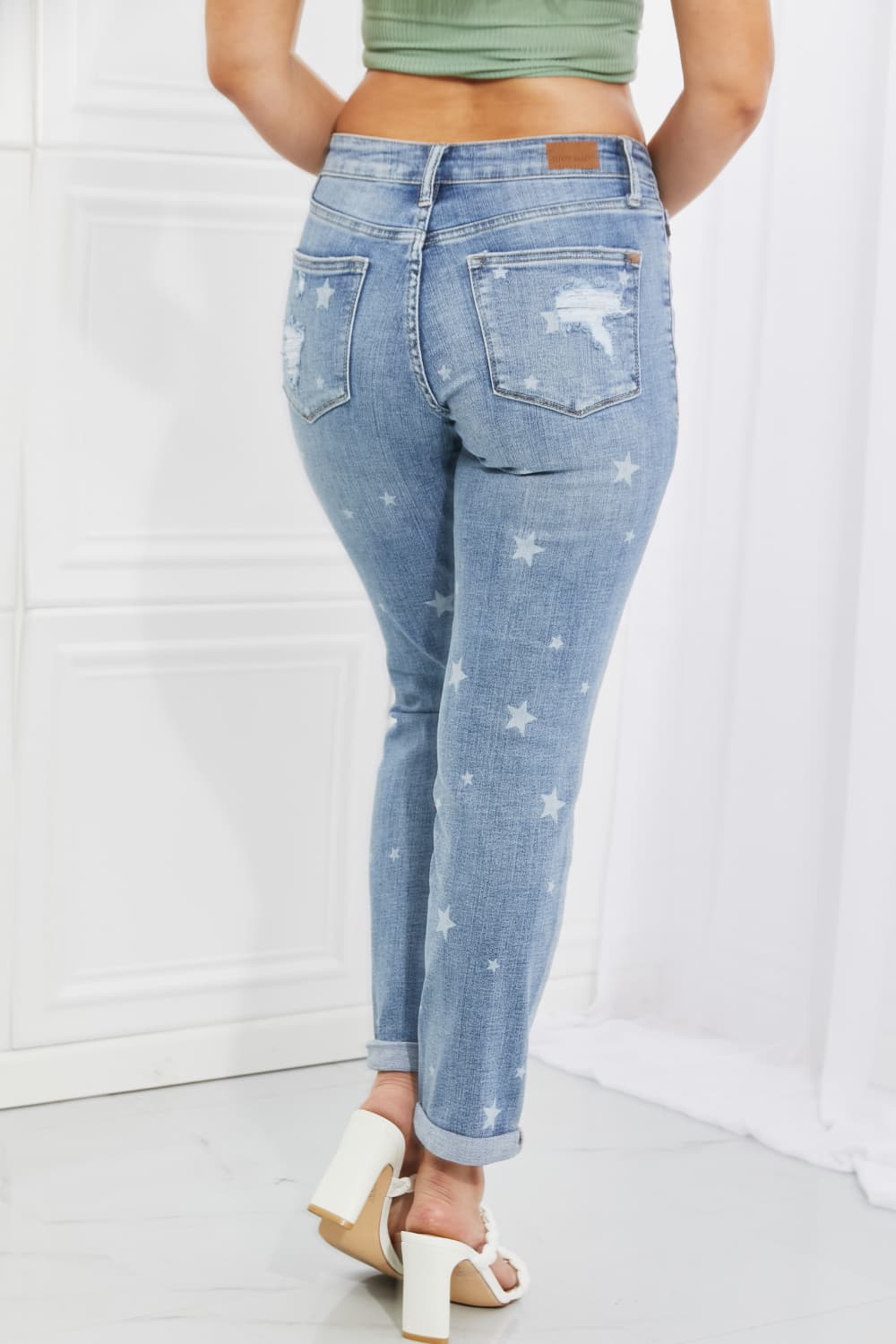 Back View, Judy Blue Mid Rise Star Crossed Destroyed Cuffed Boyfriend Style 88553
