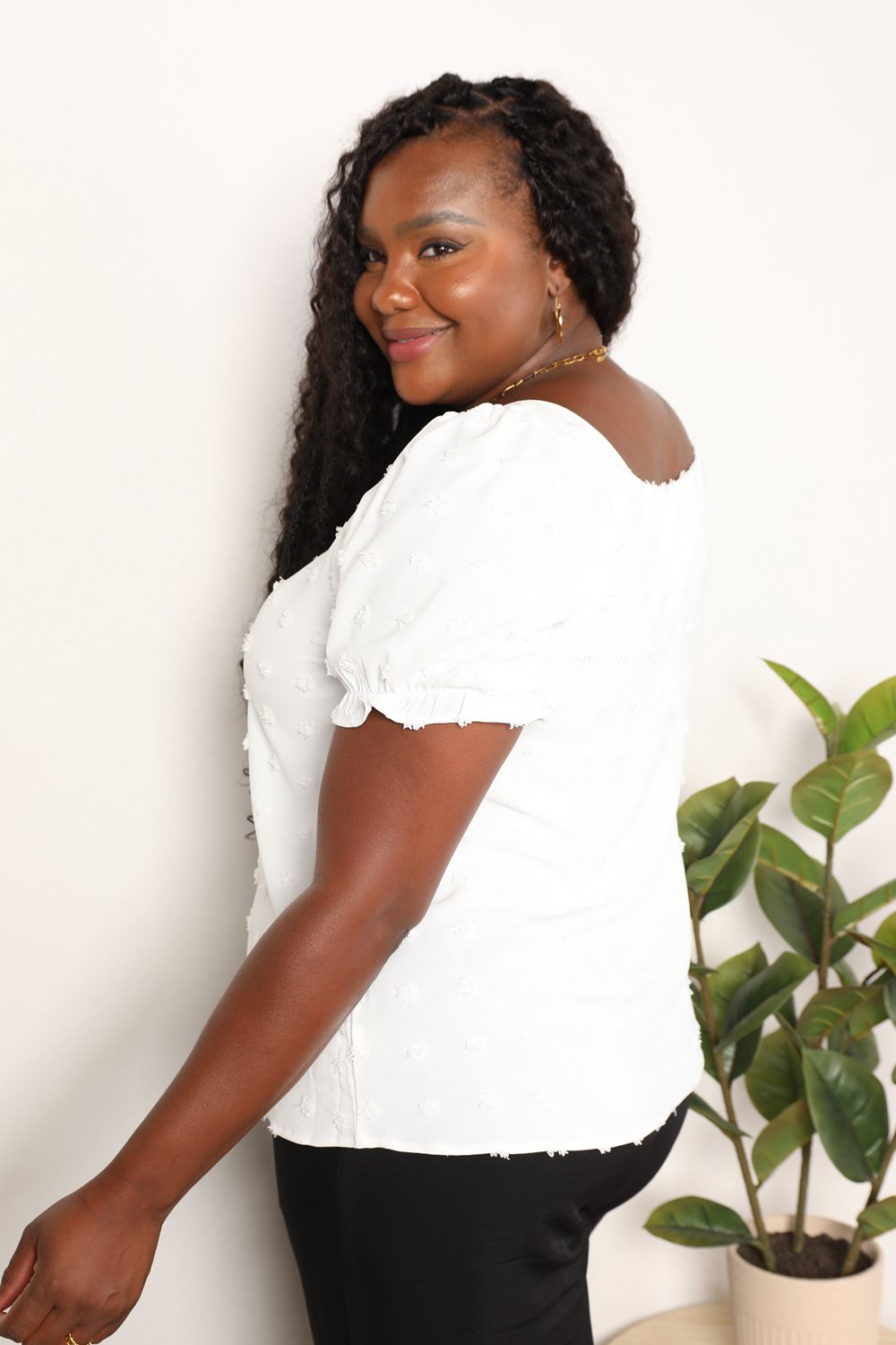 Side View, Plus Size, Double Take, Swiss Dot Puff Sleeve Square Neck Blouse
