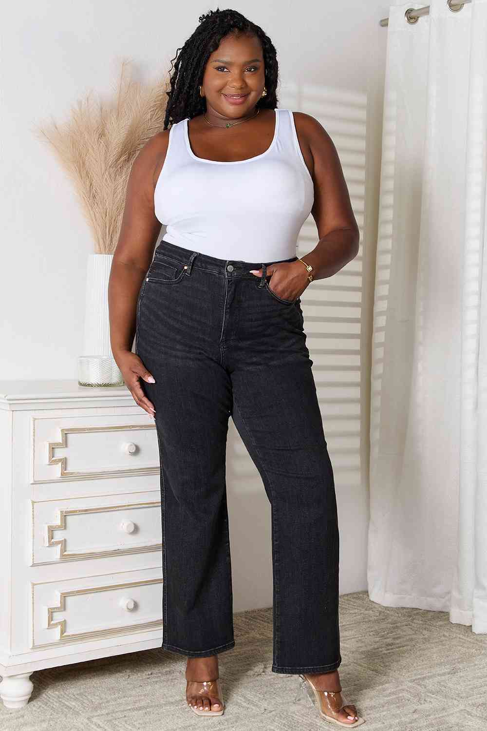 Plus Size, Judy Blue High Waist Tummy Control Washed Black Straight Style 88677